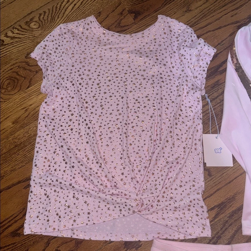More than magic girls pink velour track suit gold sequin racing stripe & shirt L